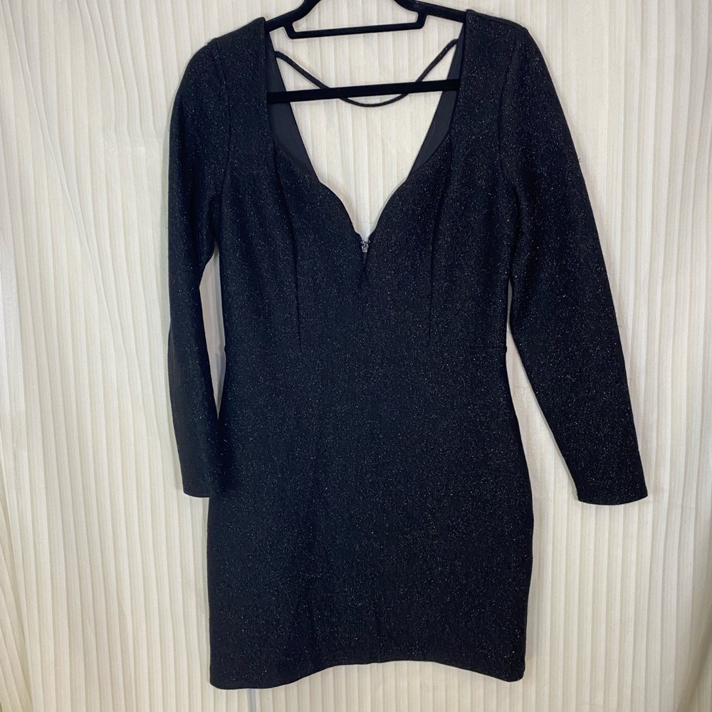 Express Black Long-Sleeve Glitter V-Neck Bodycon Dress